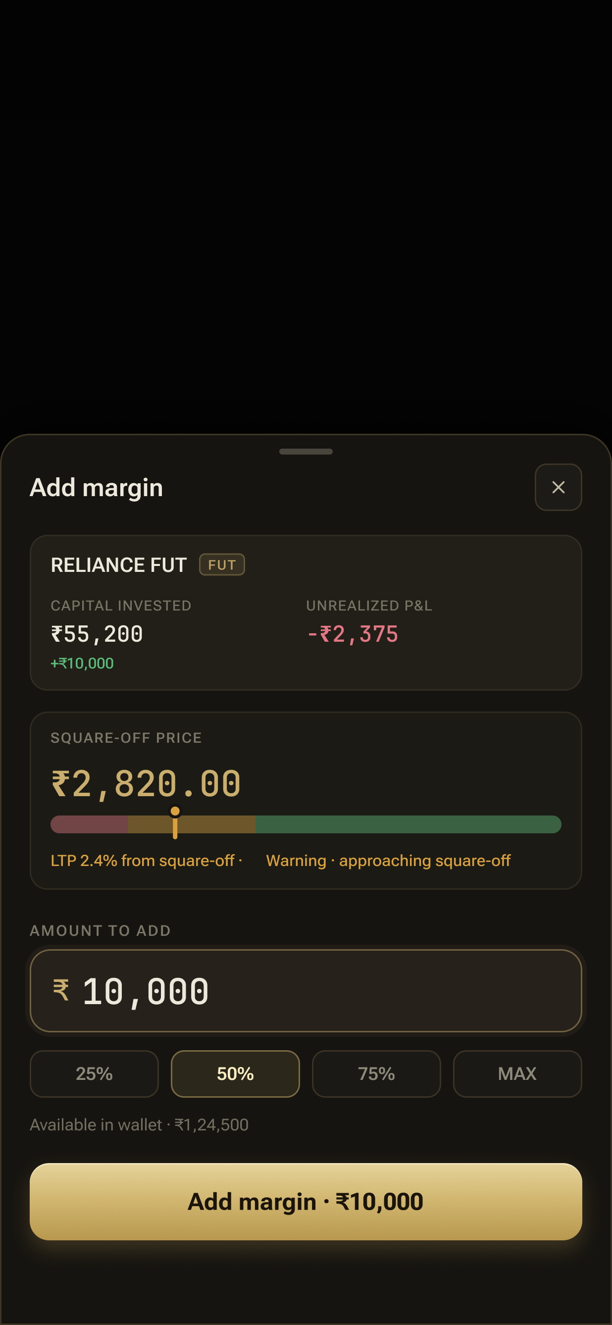 Kuber Trade add-margin sheet: topping up pushes the square-off price further away